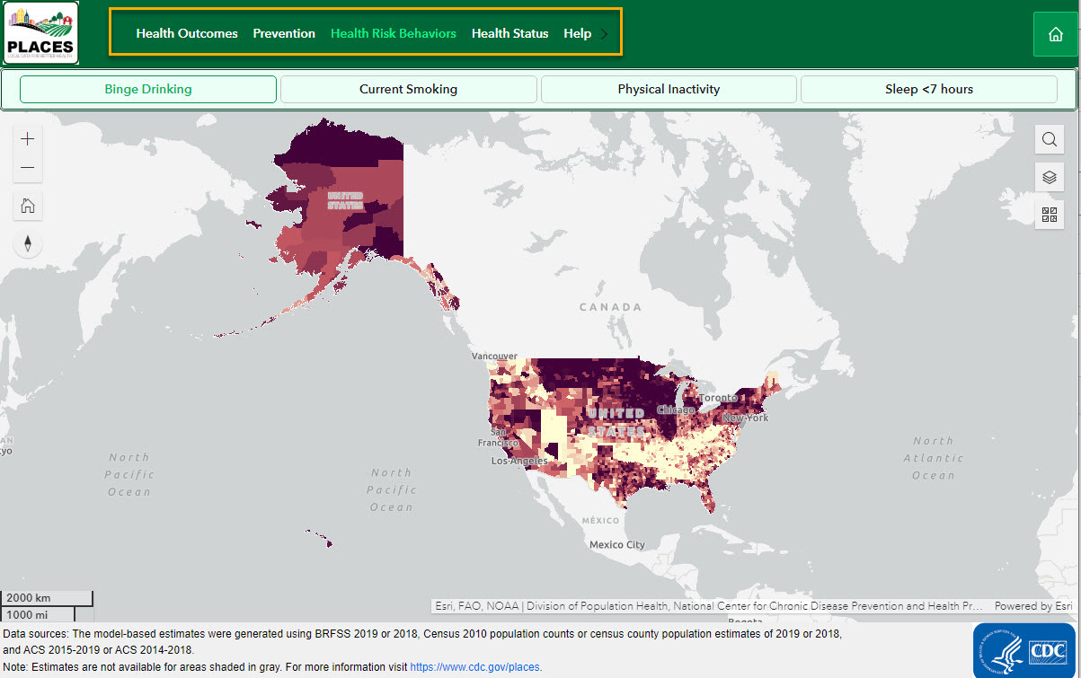 The app shows a county-level map of binge drinking. Category menu on top row highlighted. The app shows a county-level map of binge drinking. Category menu on top row highlighted.