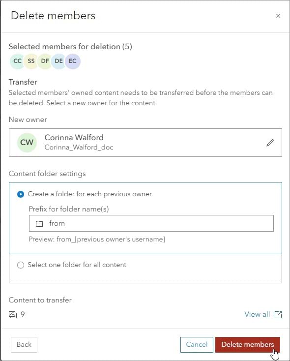 Delete members window with content owner and default folder option specified Delete members window with content owner and default folder option specified