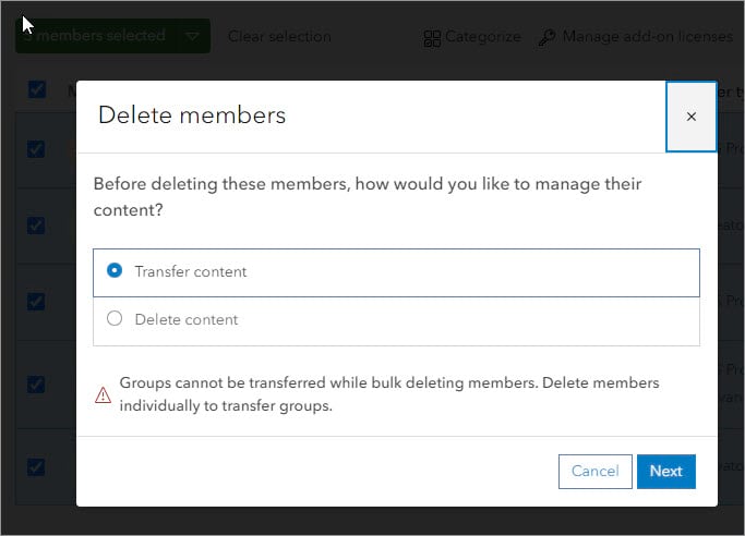 Delete members window with option to Transfer content selected Delete members window with option to Transfer content selected
