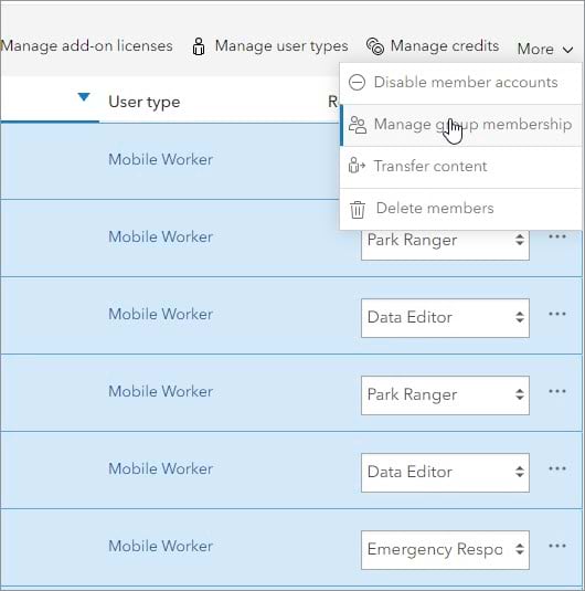 Filtered members list showing selected Mobile Worker members and Manage group membership option indicated Filtered members list showing selected Mobile Worker members and Manage group membership option indicated