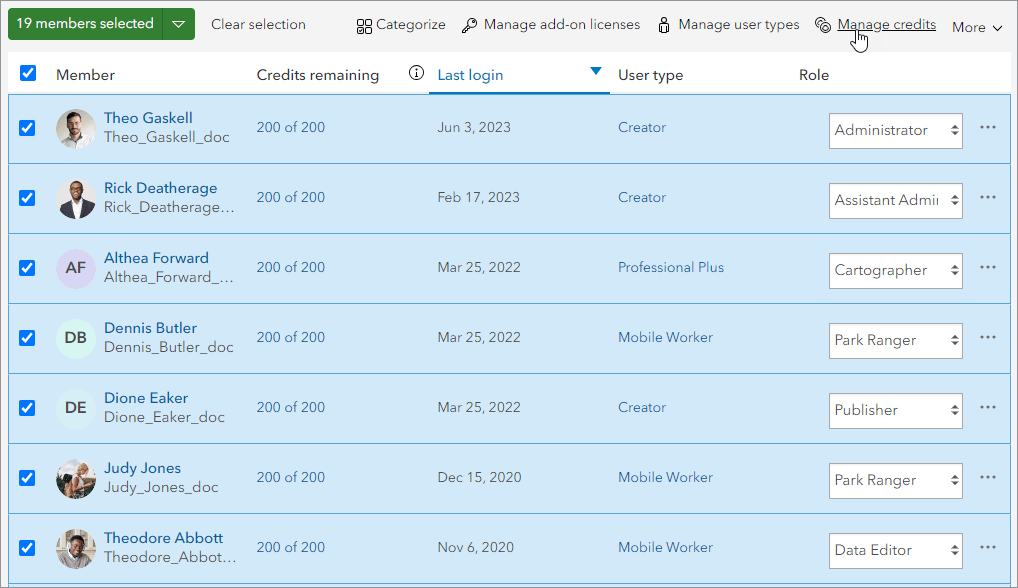 Filtered members list showing members with fewer than 300 credits selected and Manage credits option indicated Filtered members list showing members with fewer than 300 credits selected and Manage credits option indicated