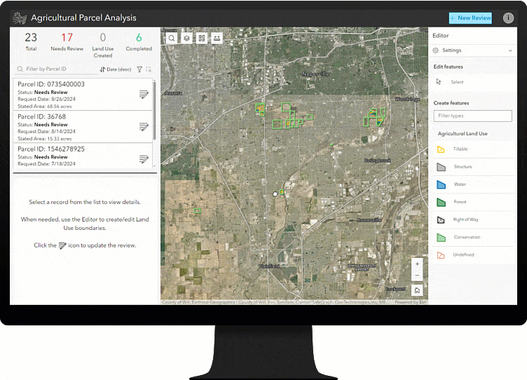 An internal staff member uses the simple editing tools to define land use boundaries for the agricultural parcels. An internal staff member uses the simple editing tools to define land use boundaries for the agricultural parcels.
