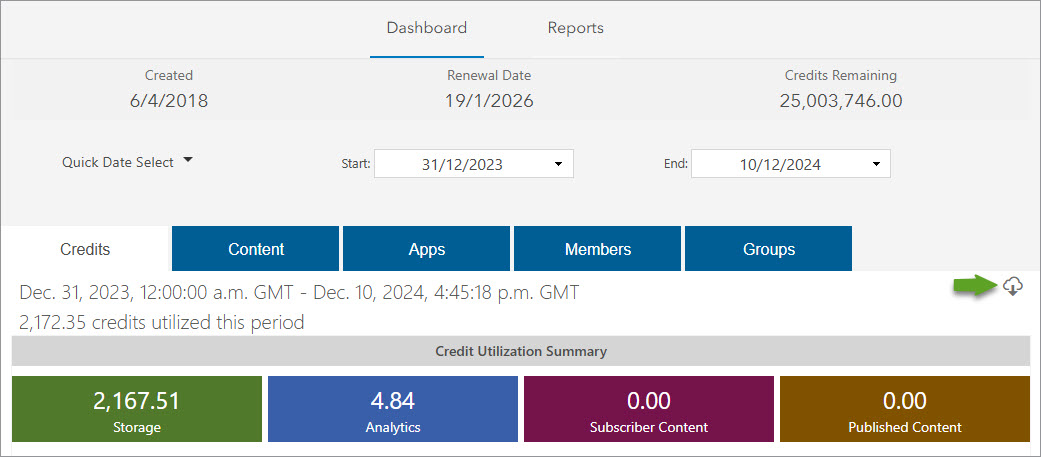 Status dashboard with Export Usage Data button indicated Status dashboard with Export Usage Data button indicated