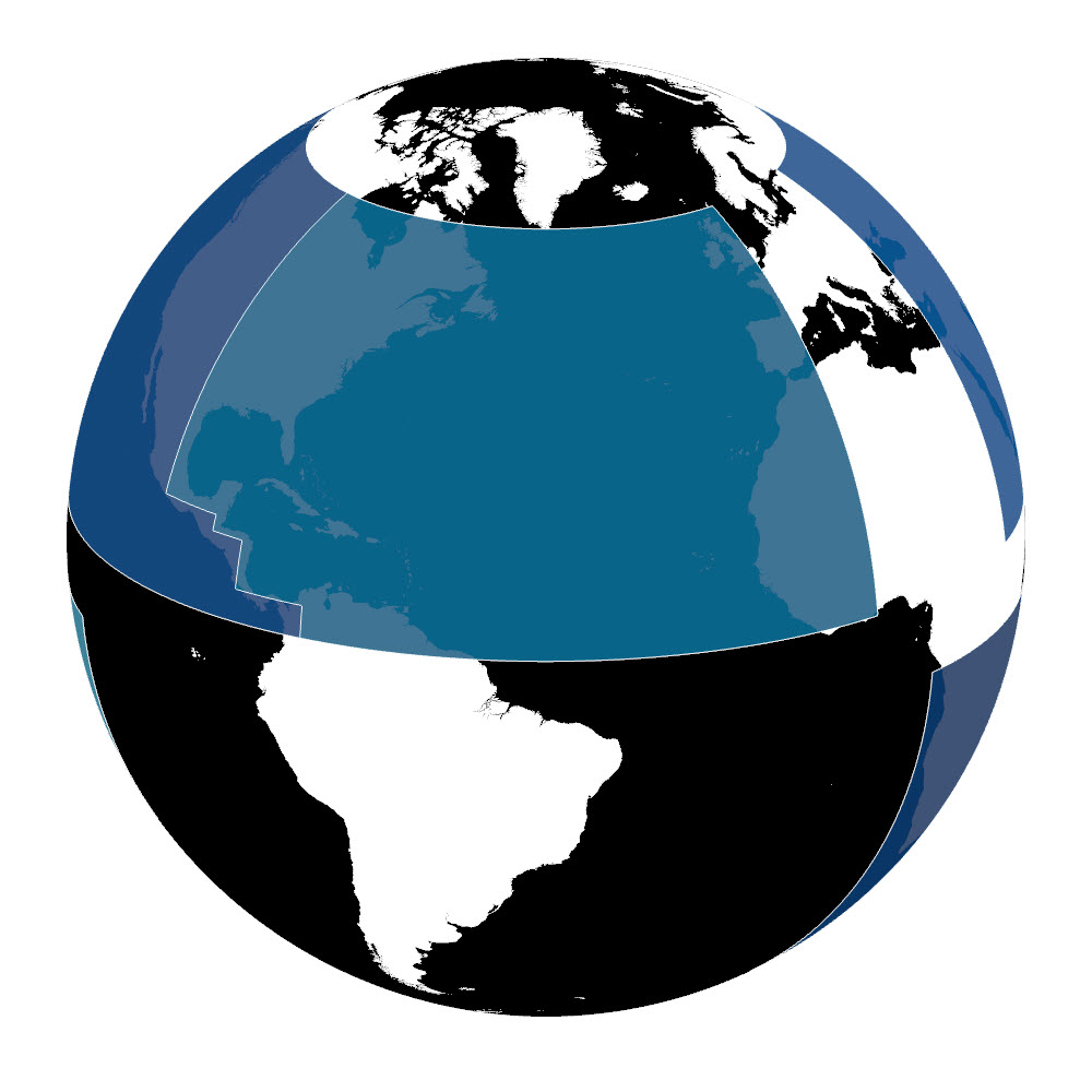Image showing that the center focus of our custom orthographic projection is the North Atlantic Basin. Image showing that the center focus of our custom orthographic projection is the North Atlantic Basin.
