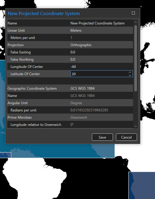 Image showing where to enter the coordinates (-44, 20) for the custom orthographic projection. Image showing where to enter the coordinates (-44, 20) for the custom orthographic projection.