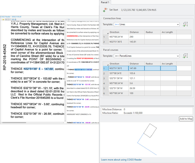 COGO reader user interface with the extracted dimensions in a document. COGO reader user interface with the extracted dimensions in a document.