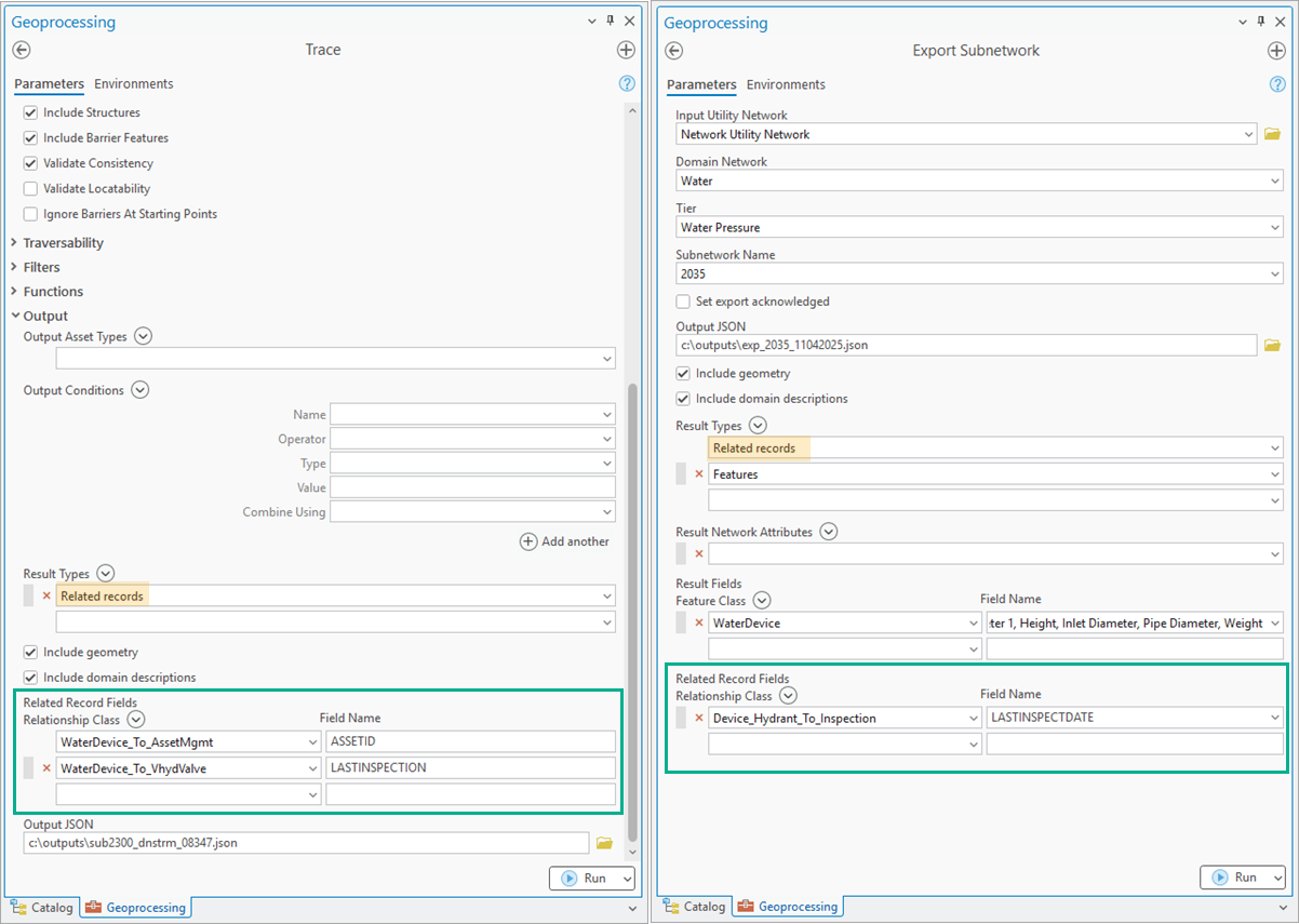 The Trace and Export Subnetwork tools using the Related records result type to return values from related tables in the result. The Trace and Export Subnetwork tools using the Related records result type to return values from related tables in the result.