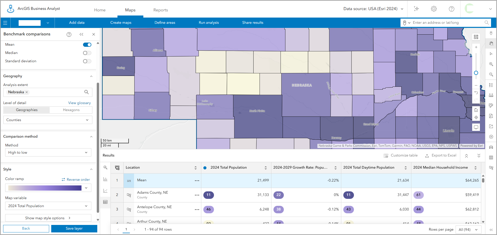 Use the new benchmark comparisons workflow to map population in Nebraska with the mean as the benchmark. Use the new benchmark comparisons workflow to map population in Nebraska with the mean as the benchmark.