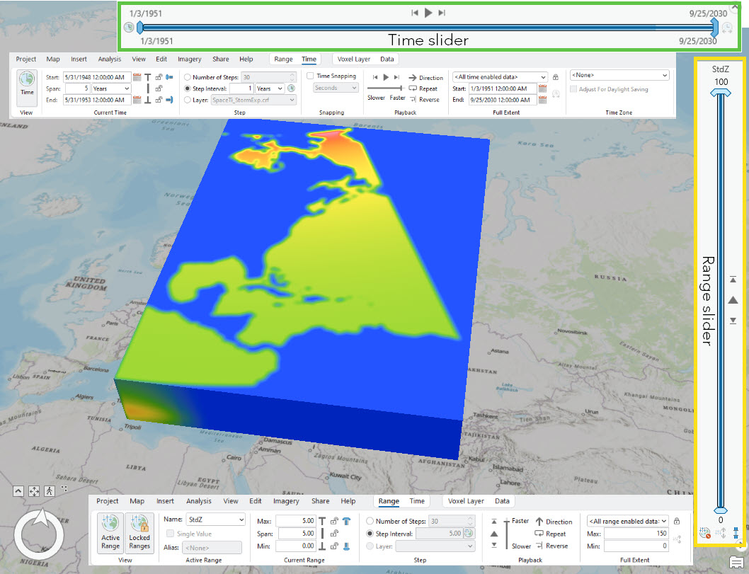 Example output voxel layer from the Space Time Kernel Density tool- time and range tabs are added for reference (vertical exaggeration was used for visualization purposes) Example output voxel layer from the Space Time Kernel Density tool- time and range tabs are added for reference (vertical exaggeration was used for visualization purposes)